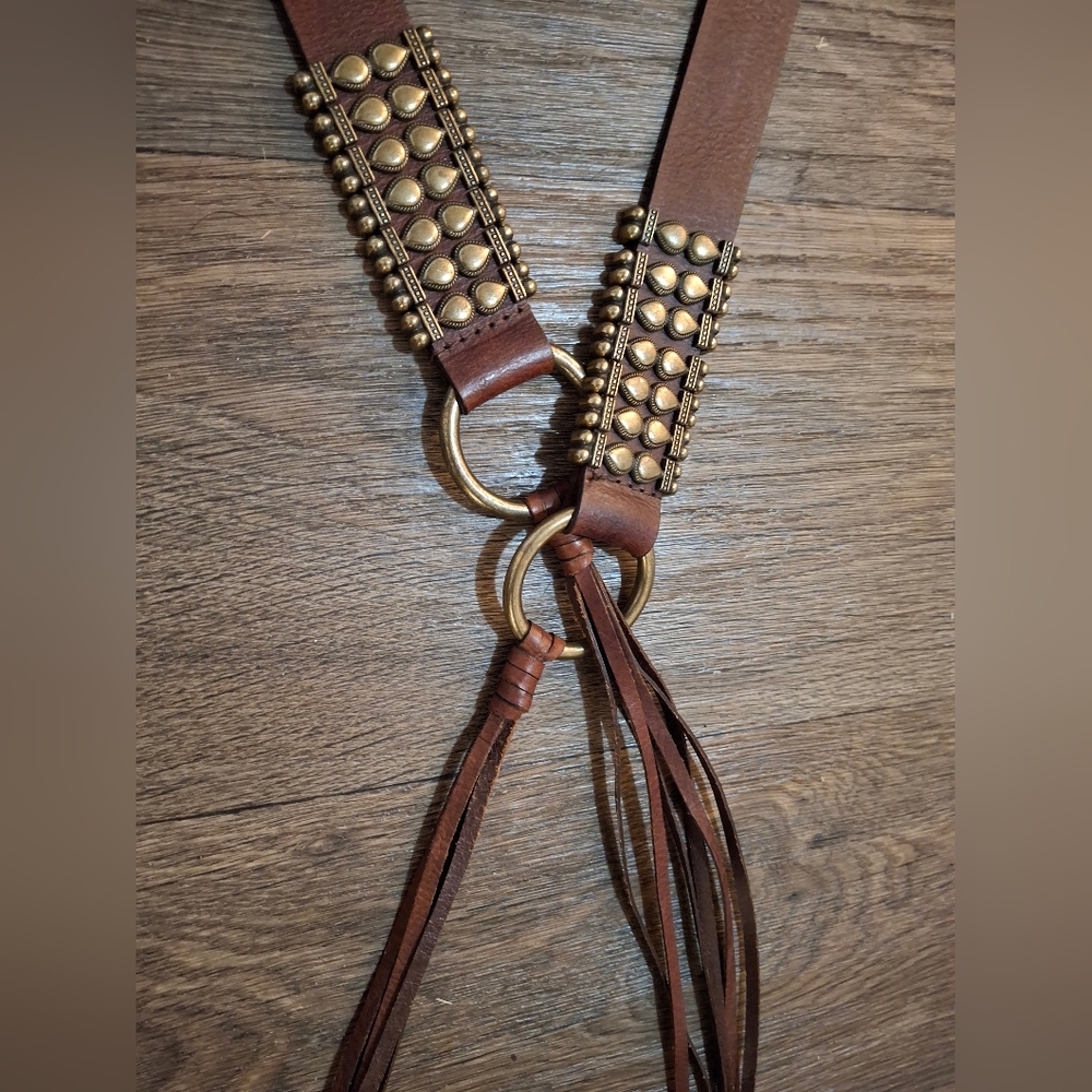 New Vintage Brown Leather Brass Hoops Suede Fringe Belt.